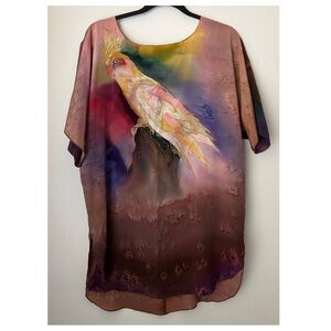 Handpainted Silk by Lahja Parrot Blouse One Size Lightweight Vibrant Artsy Boho